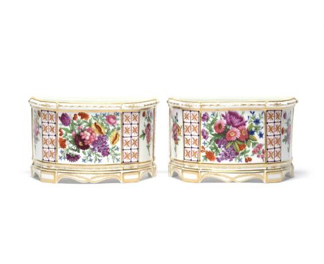 A pair of Paris porcelain bough pots, 1st half 19th century, probably Rue Thiroux, the D forms painted with bright panels of 
