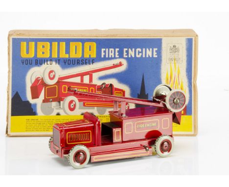 A Chad Valley Tinplate Clockwork Ubilda Fire Engine, nut and bolt constructional set, red body with detailed tinprinting, rem