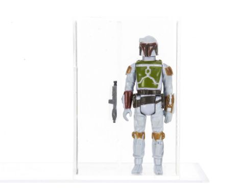 Vintage Star Wars Tri-Logo Boba Fett Action Figure, unpainted knee, unpainted dart, UKG graded 75%, sealed in case