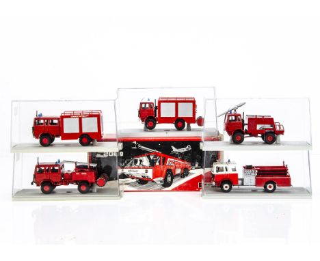 CEF 1:43 Fire Engine Models, S2000 Ultra Heavy Foam Crash Tender, in original box, Renault RVI TRM, Mack Pumper and three oth