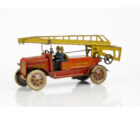 A Distler Tinplate Clockwork Fire Engine, detailed tinrpinted toy with two firemen, 'Continental Ballon Cord' wheels, fixed k