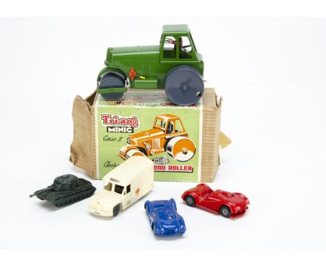 Tri-ang Minic Steel Clockwork Aveling Barford Road Roller, green body, grey plastic wheels, brown driver, in original box wit
