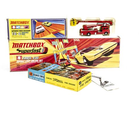 A Corgi Major Toys 1127 Simon Snorkel Fire Engine, in original box with instructions, E, box VG, with Matchbox Superfast Trac