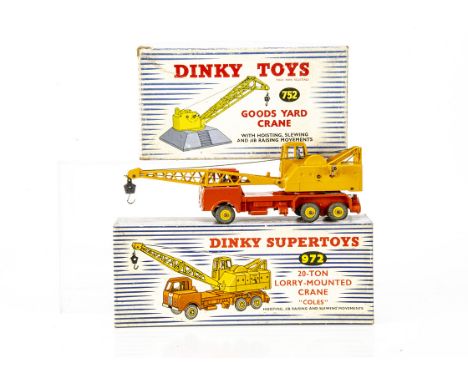 A Dinky Supertoys 972 Coles 20-Ton Lorry-Mounted Crane, yellow/orange body, two blue drivers, 'Coles' to rear, 752 Goods Yard