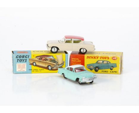 Corgi Toys 234 Ford Consul Classic, beige body, pink roof, lemon interior, spun hubs, Dinky Toys 143 Ford Capri, turquoise bo