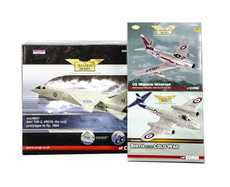 Corgi Aviation Archive, three boxed1:72 scale examples AA38601 BAC TSR-2 XR219 RAF 1964, AA35001 Gloster Meteor RAF 1953, and