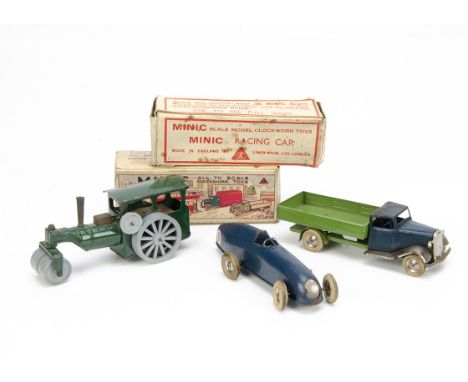 Tri-ang Minic Tinplate Clockwork Pre-War 13M Racing Car, dark blue body, RN9, red plastic exhaust, tin wheels, white tyres, p