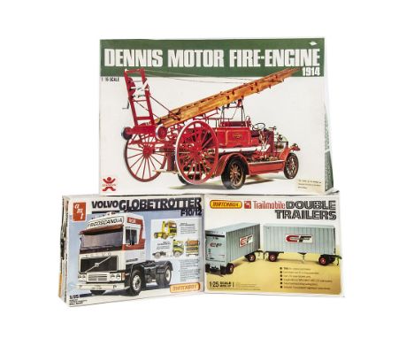 Bandai (Japan) 1:16 Dennis Motor Fire Engine 1914 Kit, Matchbox/AMT 1:25 Volvo Globetrotter F10/12 PK-6130, Trailmobile Doubl