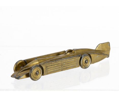 A John Hill &amp; Co (Johillco) Golden Arrow Land Speed Record Car, gold body and wheels, details to underside, c.1929, appro