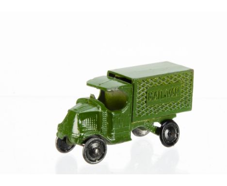 A John Hill &amp; Co (Johillco) Mack Mail Van, bright green body, black wheels, 'Toy Made In England' to underside, VG