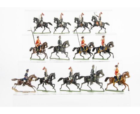A mixture of German made mounted figures consisting of repainted 48mm scale lancers in red (4),   48mm scale possibly Japanes
