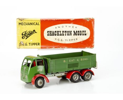 A Shackleton Mechanical Foden F.G.6 Tipper, green cab and tipper, grey chassis, red mudguards, clockwork motor, key, spanner,