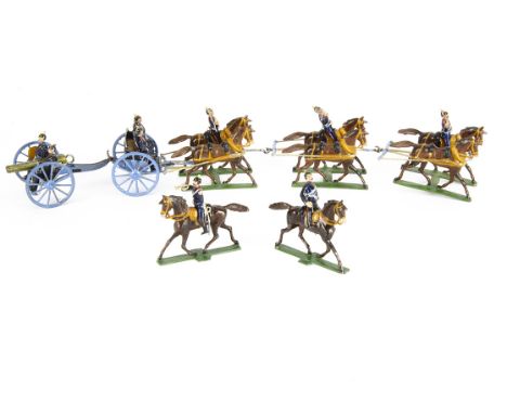 Superb Noris 48mm scale Prussian Army Horse Artillery set, generally VG, mounted officer missing sword blade, one outrider wi