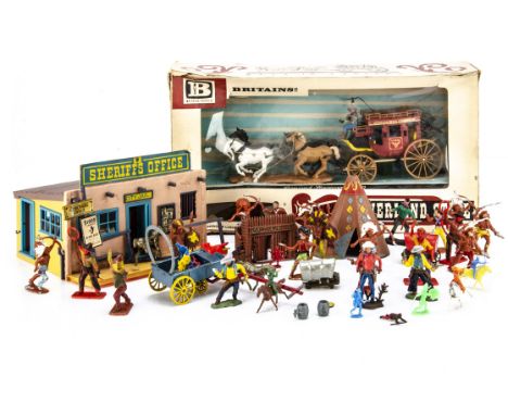 Britains Herald plastic boxed set 7615 Overland Stage, complete but loose in box, box F, with Sheriff's Office, (complete, fr