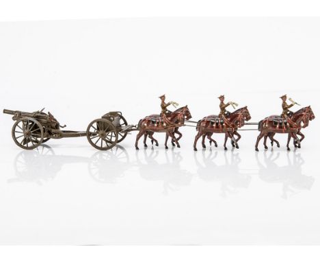Britains walking Horse Artillery from set 1440, post 1933 model but with unusual grey gaiters and belts on riders