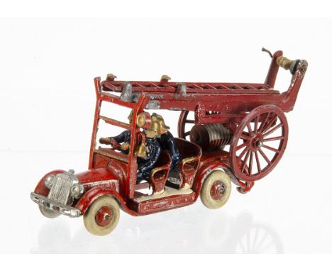 A Taylor &amp; Barrett No 16 Fire Engine &amp; Escape Ladder, red body, silver radiator, four firemen, white tyres, two wheel