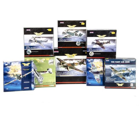 Corgi Aviation Archive WWII Aircraft, eight boxed examples 1:72 scale, AA39203 Spitfire, AA38704 Spitfire, AA32017 Hurricane,