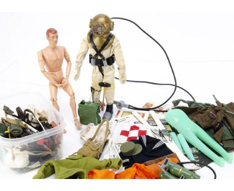 Vintage Action Man, including dressed figure in Deep Sea Diver outfit, undressed figure, clothing and accessories from variou