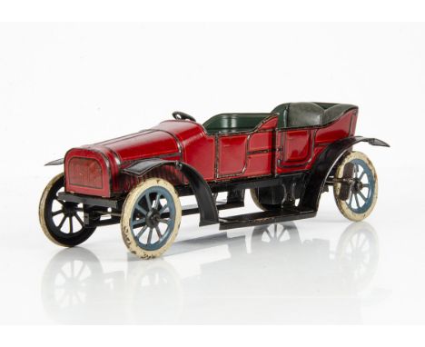 A Carette 1920s Tinplate Clockwork Open Tourer, tin lithographed open tourer, dark red body, black and orange striping, light