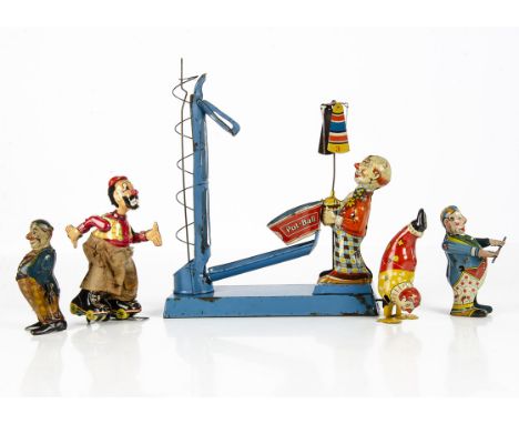 Tinplate Clockwork Clowns, Wells Brimtoy Novelty Walking Inverted Clown 9/152, English tinplate clockwork spinning Clown with
