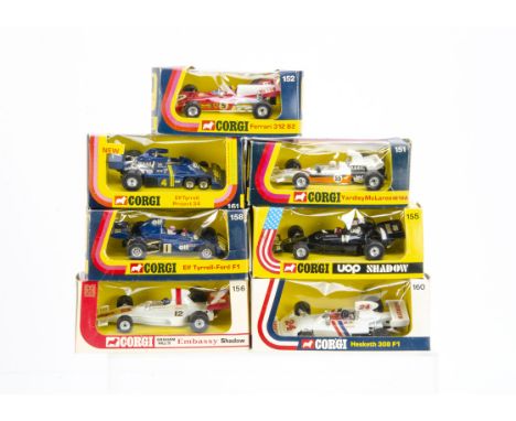 1970s Corgi Toy Racing Cars, 156 Graham Hill's Embassy Shadow, 152 Ferrari 312 B2, 155 UOP Shadow, 158 Elf Tyrrell-Ford F1, 1