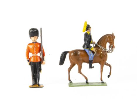 Noris 95mm high British Guardsman (missing bayonet), with a Noris 70mm scale US Cavalryman on original hollow cast horse, Gua