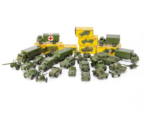 Military Dinky Toys, including 626 Military Ambulance, 643 Army Water Tanker, 676 Armoured Personnel Carrier, 641 Army Cargo 