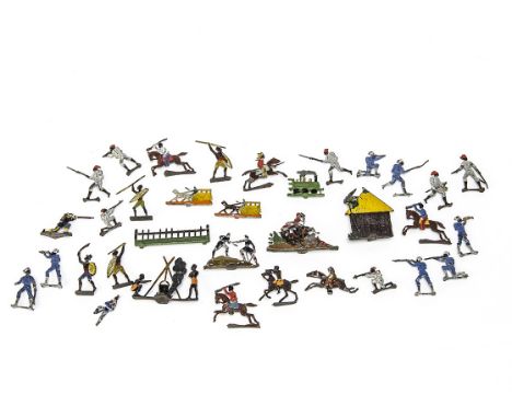 Heinrichsen Germany small scale flats including Native warriors and hut, (hut 47mm high), horse drawn carriage and locomotive