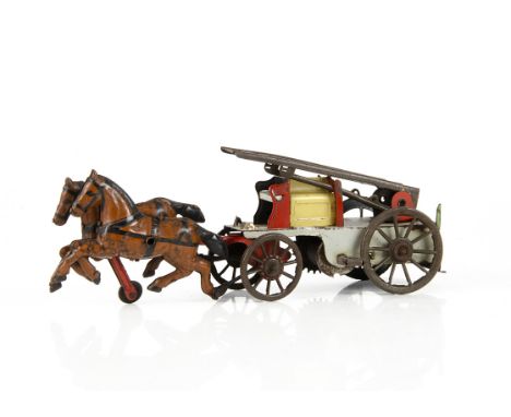 A Orobr Oro-Werke Tinplate Wind-Up Horse-Drawn Fire Engine, detailed tinprinted horses pulling grey fire engine with extendin