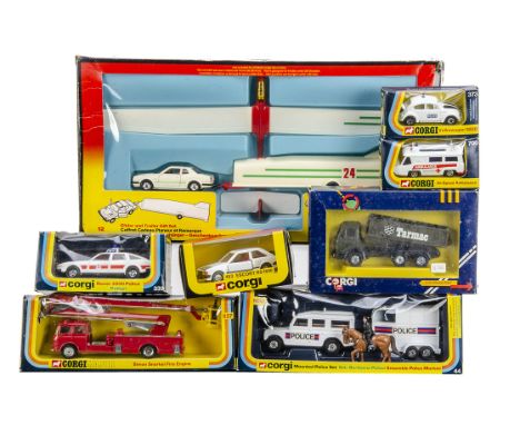 1970s-1980s Corgi Toys, 12 Glider &amp; Trailer Gift Set, 44 Mounted Police Set, 1128 Mercedes Tipper 'Tarmac', 700 Hi-Speed 