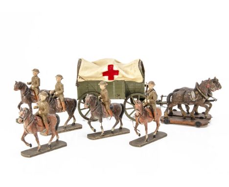 Hausser Elastolin 100mm scale horse drawn WW1 wagon (red crosses not original),  horses not correct to wagon, with similar sc