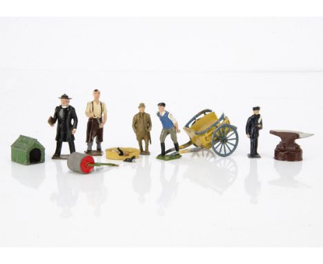 A small collection of civilian lead figures including Britains Country Curate and gardener with lawn roller,  VG, Charbens pr