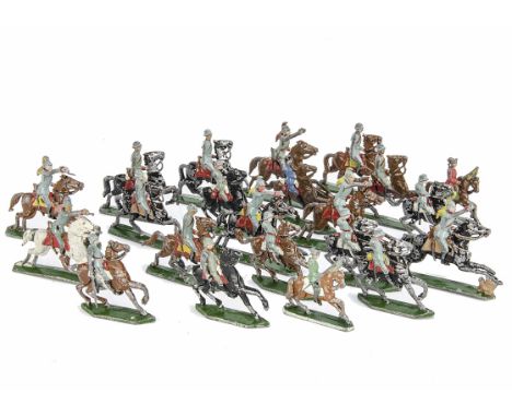 Unusual German made solid lead semi-round 40-50mm scale 1930s German cavalry, some with separate articulated sword arms (7 bu