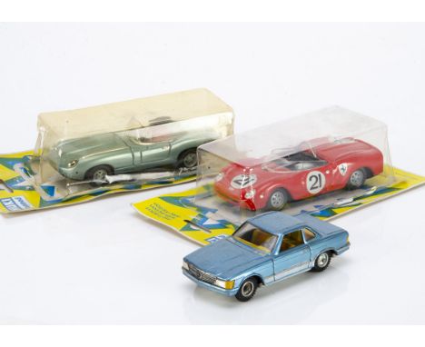 Huki Tinplate Friction Drive Ferrari Dino No 201, red body, RN21, Huki Jaguar E-Type No.202, light metallic blue body, red in