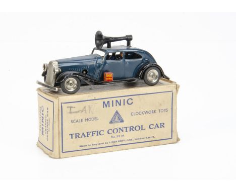 A Tri-ang Minic Tinplate Clockwork Pre-War 29M Traffic Control Car, dark blue body, black chassis with petrol can, black plas