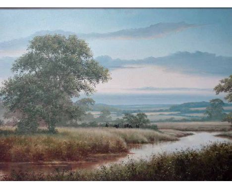 David Morgan (b.1960) Rural River Landscape with grazing cattle, signed lower right, 50cm by 75cm Provenance: Ethos Gallery, 