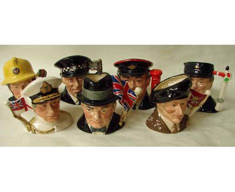 A set of four Royal Doulton Journey through Britain character jugs The Fireman D6839, The Policeman D6852, The Postman D6801 