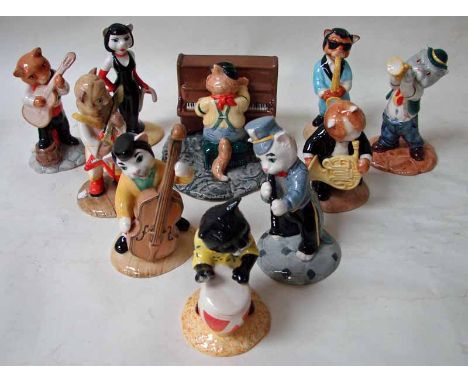 A Beswick pottery ten piece Cat Band including Fat Cat, Calypso Kitten, Purrfect Pitch, Ratcatcher, One Cool Cat, Glam Guitar