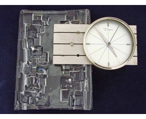 Daum France, a moulded crystal glass mantel clock, circa 1965, Thor model, heavy glass base with moulded random stack block p