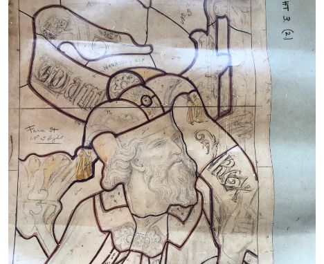 Six John Hardman &amp; Co pencil prints of watercolour and pencil over image stained glass designs, approximate length 96cm.