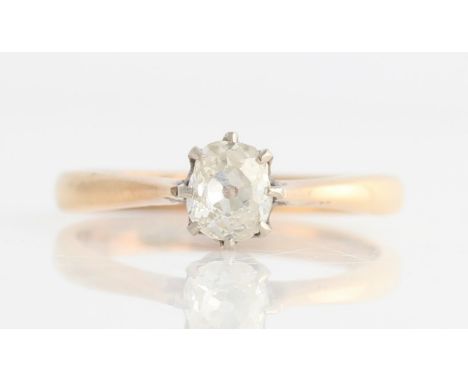 A diamond solitaire ring, set with an old oval cut diamond, measuring approx. 0.50ct, unmarked yellow metal, ring size O.