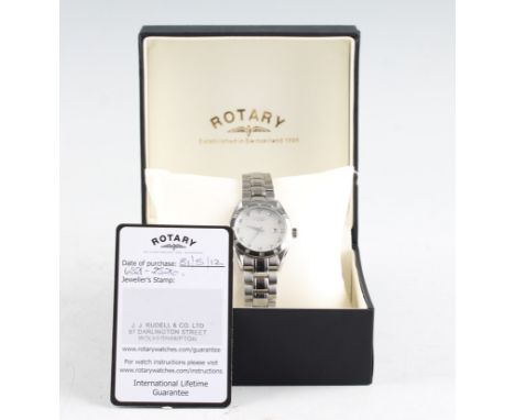 A ladies Rotary Rocks Diamond Set Time stainless steel wrist watch, the mother of pearl dial having hourly diamond set marker