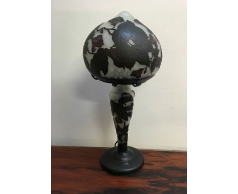 A Gallé style glass mushroom form, purple on white, cameo, table lamp.