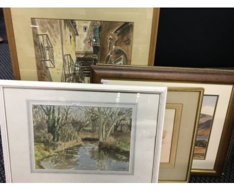 PAROD. A framed, glazed watercolour of a street scene together with B. A. DALTON Framed watercolour of a woodland titled Earl