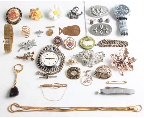 A lot to include a Smiths Empire pocket watch (A/F) with attached hallmarked silver chain, various brooches, a ladies Rotary 