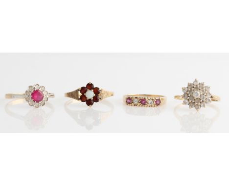 Four hallmarked 9ct yellow gold stone set rings, stones to include rubies, diamonds, cubic zirconias, synthetic ruby, garnet 
