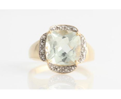 A hallmarked 9ct yellow gold prasiolite ring, set with central cushion cut prasiolite, ring size N½.