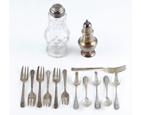 A lot to include, a silver Elkington pepperette, hallmarked Birmingham 1937, together with a set of six silver desert forks, 