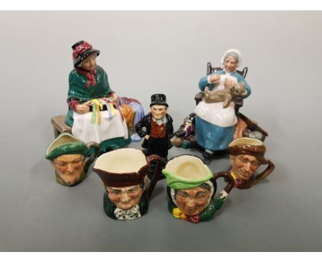 Four small Royal Doulton character jugs together with three fogurines to include Bill Sikes, Silks and Ribbons and Nanny.