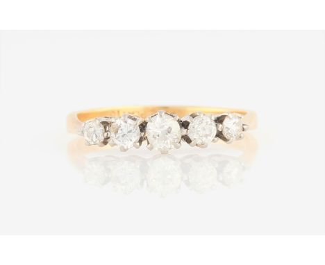 A five stone diamond ring, set with five graduated old cut diamonds, total diamond weight approx. 0.40cts, stamped FINE PLAT1